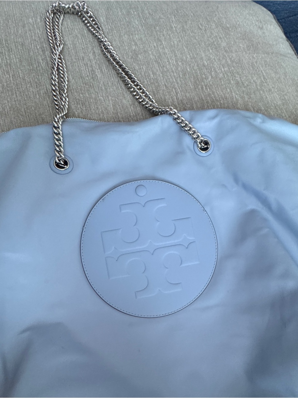 Tory Burch Dawn Blue Zipper Closure Tote with Silver Chain Handles